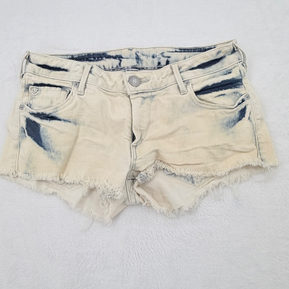 True Religion Joey Cutoff Denim Shorts Womens 28 Blue Acid Wash Excellent Frayed